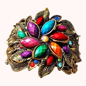 Cuff Bracelet brass metal base with colorful Rehninstones and acrylic stones